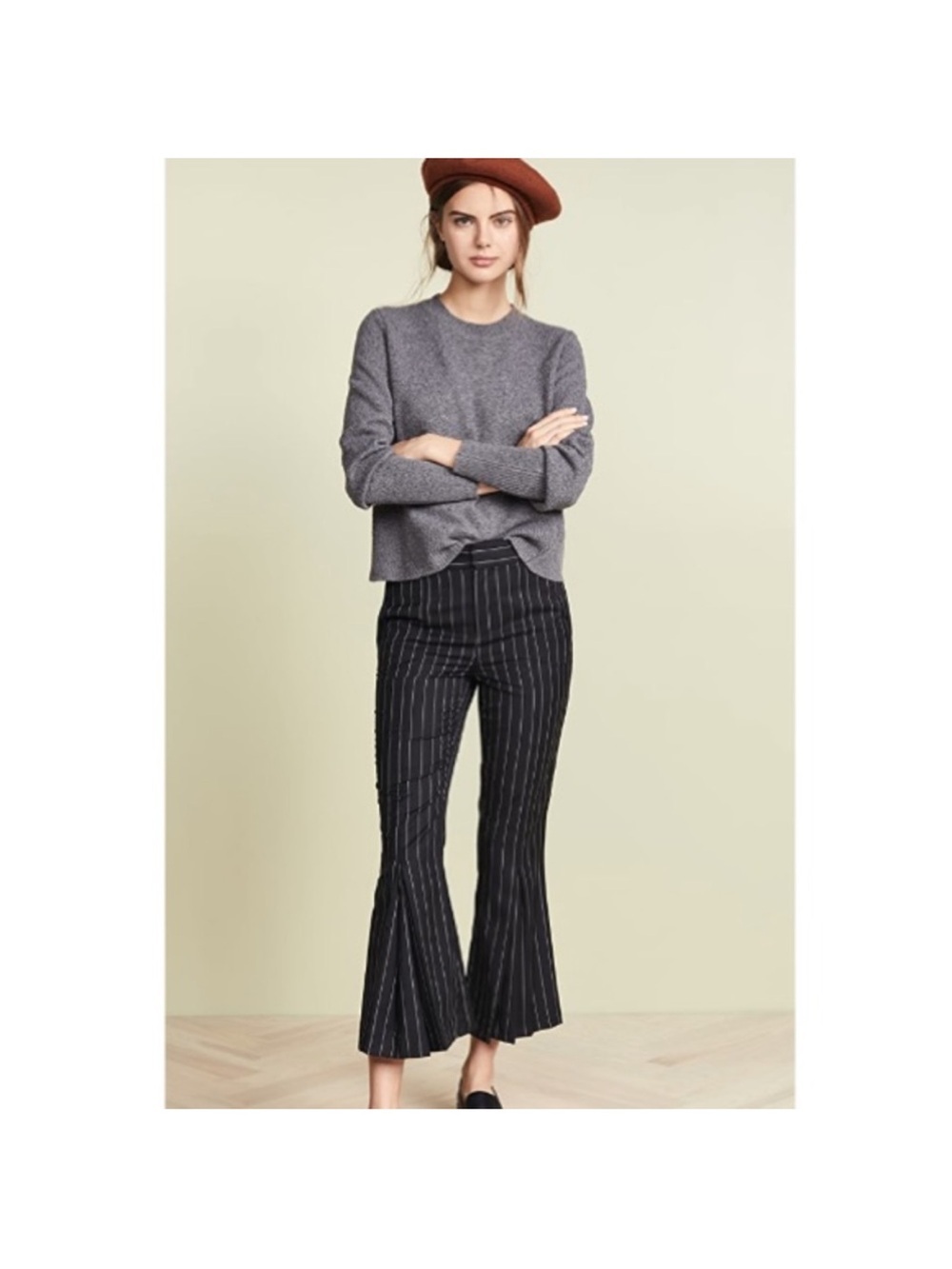 FRAME Pleated Pinstripe Flare Crop Pants